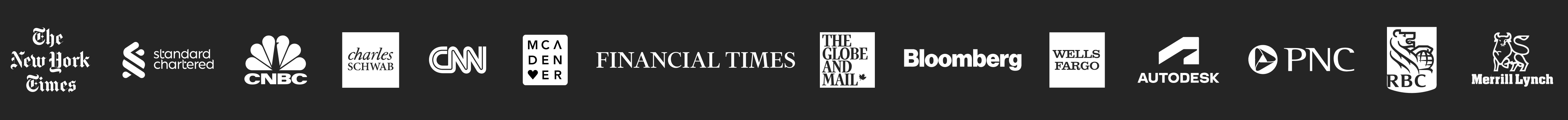 Logos of past clients: The New York Times, Standard Chartered, CNBC, CNN, Financial Times, The Globe and Mail, Bloomberg, Wells Fargo, Autodesk, PNC, RBC, and Merrill Lynch